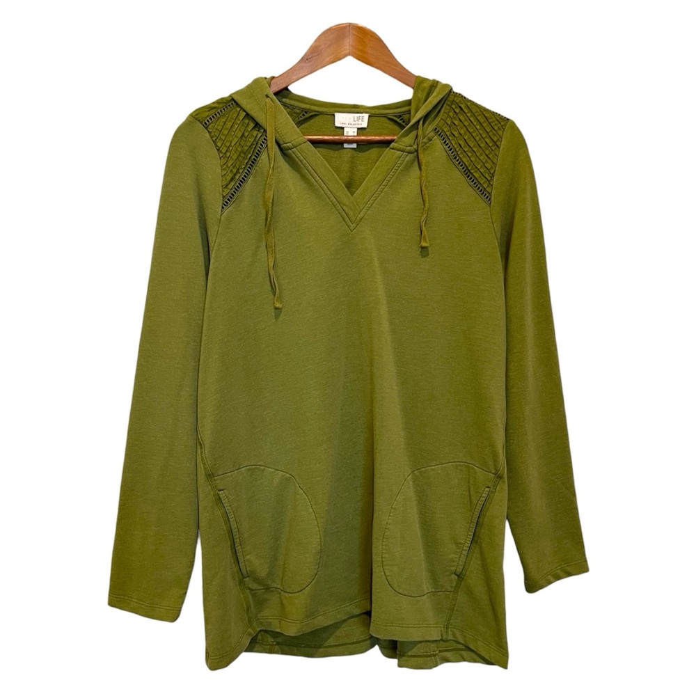 LOGO Life Lori Goldstein Hoodie Womens Medium Green Quilted Shoulder Boho Casual